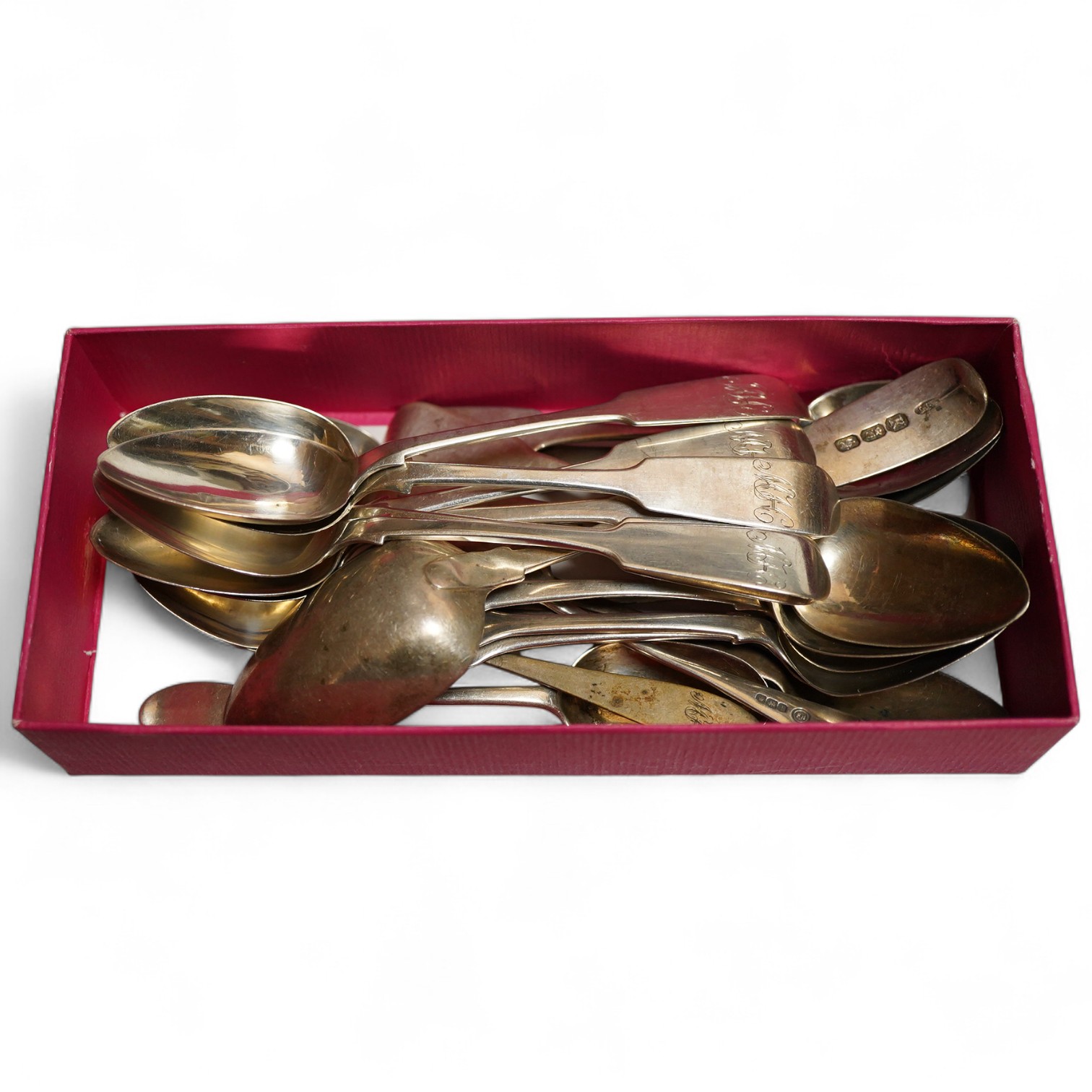 Assorted 19th century silver teaspoons to include a set of six early Victorian fiddle pattern teaspoons, Glasgow, 1855, Alexander Coghill, initialled, length 14.6cm., etc., weight approx. 10.57ozt